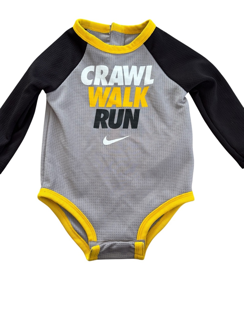 Nike 12M Baby Dry-Fit Bodysuit - Grey, Black & Yellow "Crawl Walk Run"